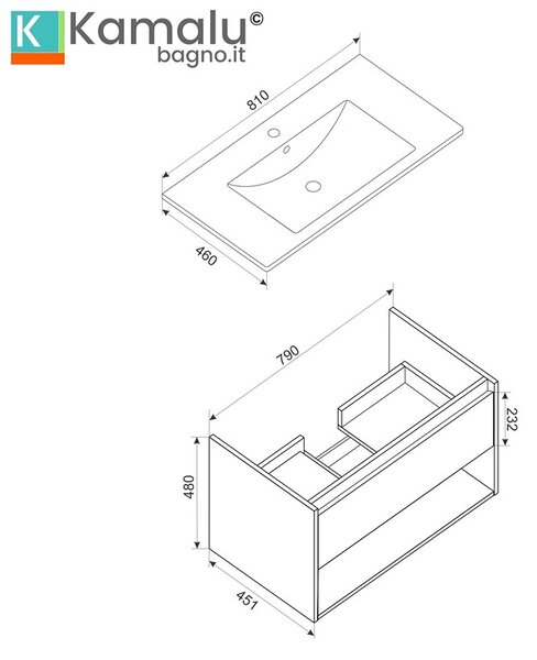 Kamalu mobile bagno cannettato 80 cm rovere chiaro | lac-iride-80