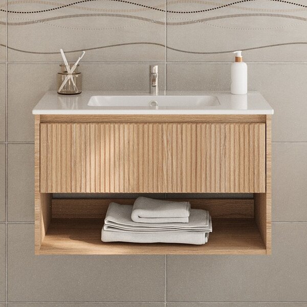 Kamalu mobile bagno cannettato 80 cm rovere chiaro | lac-iride-80