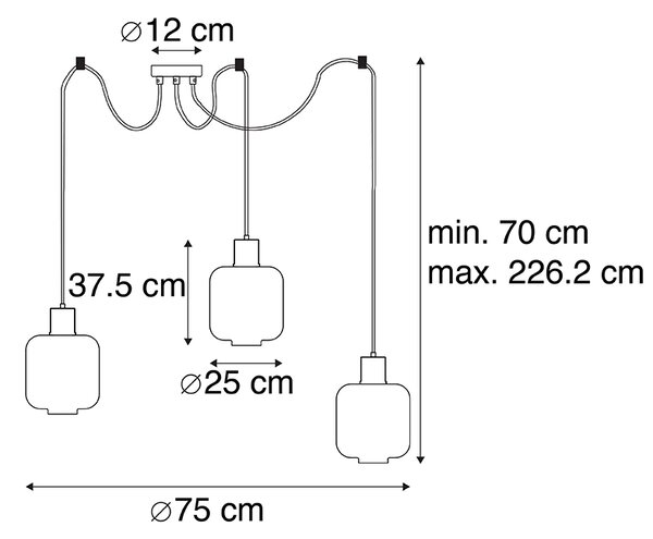 Lampada a sospensione di design nera con vetro ambrato 3 luci 226 cm - Qara
