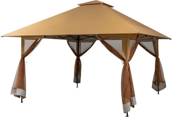 KOMFOTTEU Gazebo da giardino 4 x 4 m, gazebo per feste regolabile in altezza con doppio tetto e pannelli laterali, gazebo pieghevole pop-up per giardino, terrazza, spiaggia, feste, incl. borsa per il trasporto con ruote (marrone)