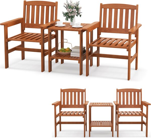 KOMFOTTEU Set da balcone in 3 pezzi in legno massello, set di mobili da giardino comprensivo di 2 sedie da giardino e tavolo da giardino con foro per ombrellone, set di mobili da balcone, set da bistrot per terrazza e giardino