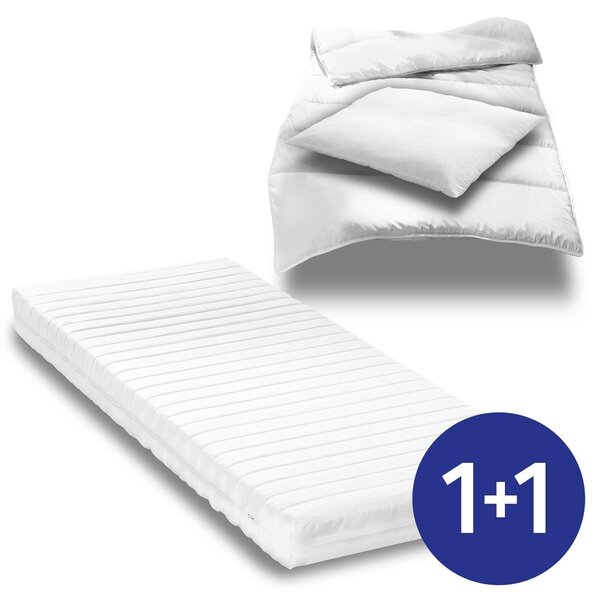 Materasso in schiuma a freddo K16 90 x 200 cm, altezza 16 cm, grado di rigidità H2/H3 + set da letto in microfibra CloudComfort Basic 135 x 200 cm + 80 x 80 cm