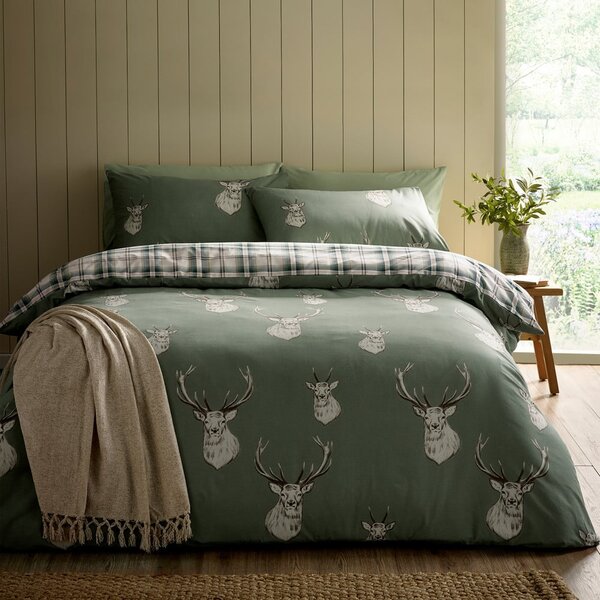 Set copripiumino e federa verde per letto singolo 135x200 cm Stag Check – Catherine Lansfield