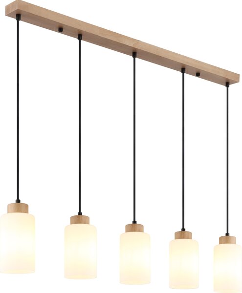 Lampada a sospensione, legno, marrone, vetro opalino, 5 luci, H 120 cm