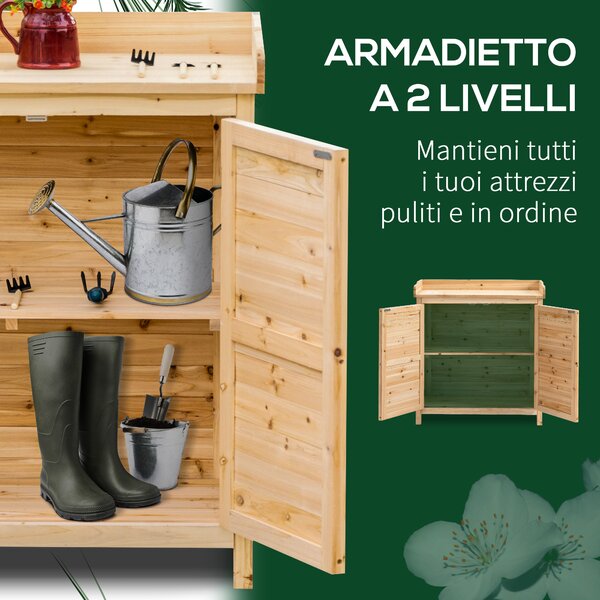 Outsunny Armadietto da Esterno a 2 Ripiani in Legno di Abete con Design Rialzato e 2 Ante, 83x40x92 cm|Aosom