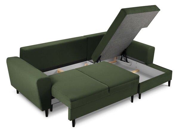 Divano angolare verde allungabile e con contenitore (con penisola a destra/con chaise lounge) con rivestimento in velluto a coste Kyoto – Cosmopolitan Design