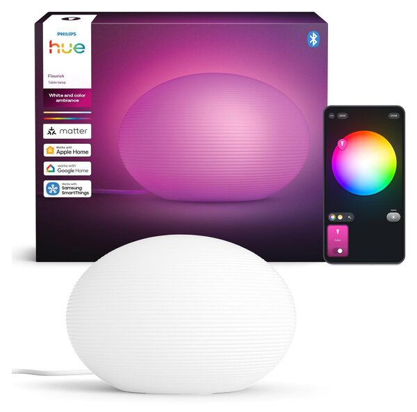 Philips Hue White and Color ambiance Lampada da tavolo Flourish, Lampada da tavolo intelligente, Bluetooth/Zigbee, Bianco, Vetro, E27, Altro