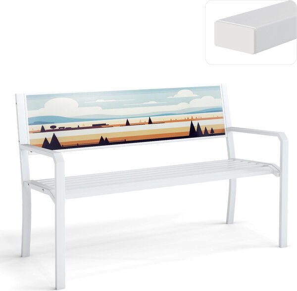 Panchina da giardino KOMFOTTEU in metallo resistente alle intemperie, con schienale decorativo ed ergonomico, braccioli e piedini antiscivolo, portante fino a 300 kg, 128 x 53 x 81,5 cm, bianca