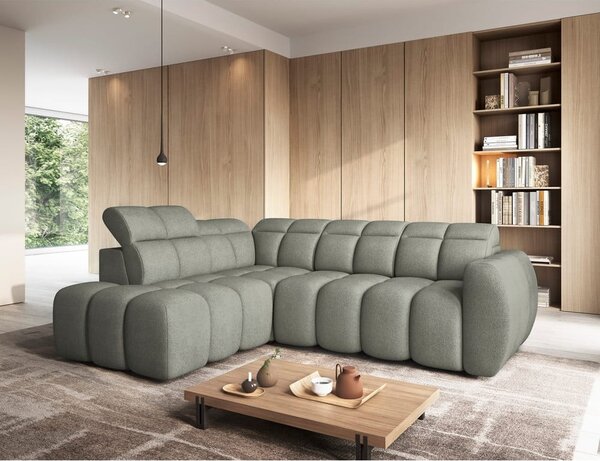 Divano angolare verde polveroso allungabile/con contenitore (con penisola a sinistra/a L) e rivestimento in bouclé Falconn – ELTAP