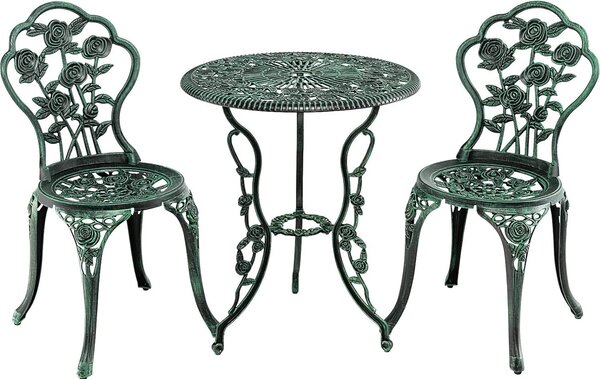 Set di mobili da giardino KOMFOTTEU in 3 pezzi, tavolo da giardino con 2 sedie, set da bistrot in alluminio resistente alle intemperie, set da salotto con motivo a rose per balcone, giardino e terrazza, verde bronzo