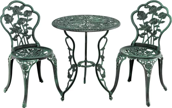 Set di mobili da giardino KOMFOTTEU in 3 pezzi, tavolo da giardino con 2 sedie, set da bistrot in alluminio resistente alle intemperie, set da salotto con motivo a rose per balcone, giardino e terrazza, verde bronzo