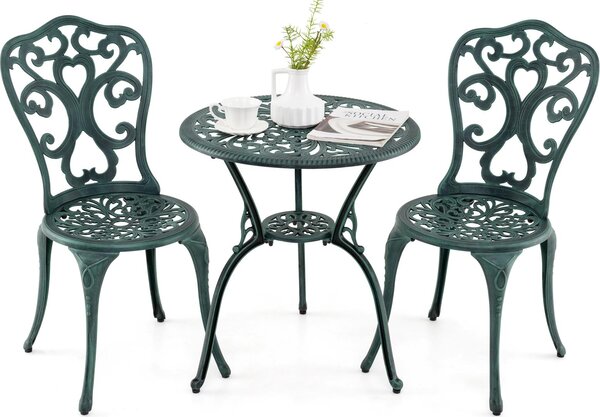 KOMFOTTEU Set da giardino 3 pezzi, set da bistrot resistente alle intemperie in fusione di alluminio, tavolo da bistrot con 2 sedie e foro per ombrellone, set da giardino per balcone, terrazza (verde)