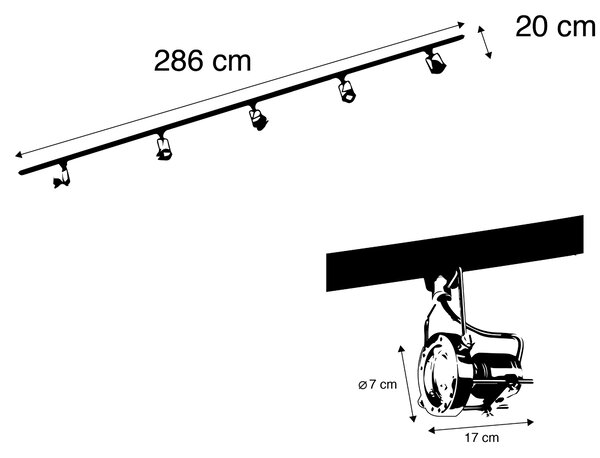 Sistema di illuminazione a binario moderno con 5 faretti in acciaio monofase - Iconic Suplux