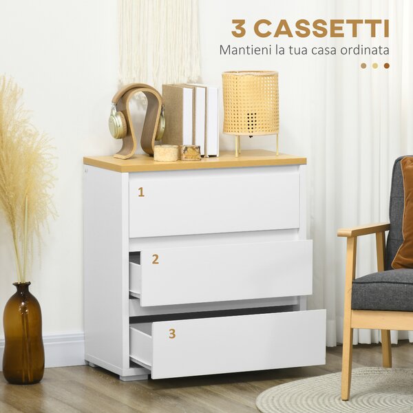 HOMCOM Cassettiera a 3 Cassetti in Truciolato Bianco per Camera da Letto, Studio e Soggiorno, 70x37x75cm|Aosom