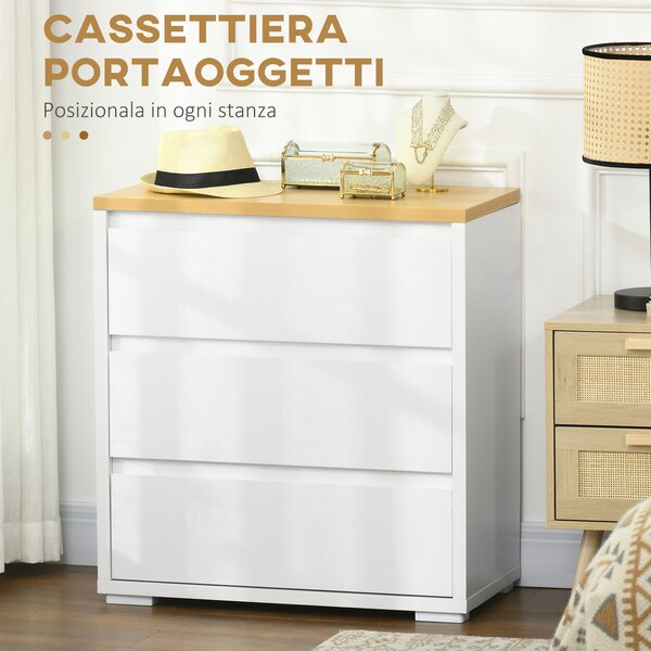 HOMCOM Cassettiera a 3 Cassetti in Truciolato Bianco per Camera da Letto, Studio e Soggiorno, 70x37x75cm|Aosom