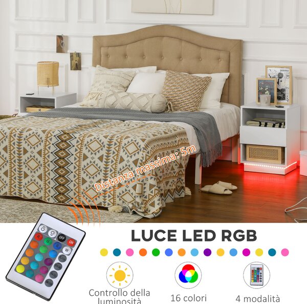 HOMCOM Comodini Moderni con LED, Set 2 Pezzi in Truciolato Bianco con Cassetto e 2 Ripiani Aperti, 40x40x55 cm|Aosom