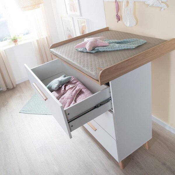 Cassettiera per bambini bianca con effetto rovere con fasciatoio 88,5x99x76 cm Léon – Roba