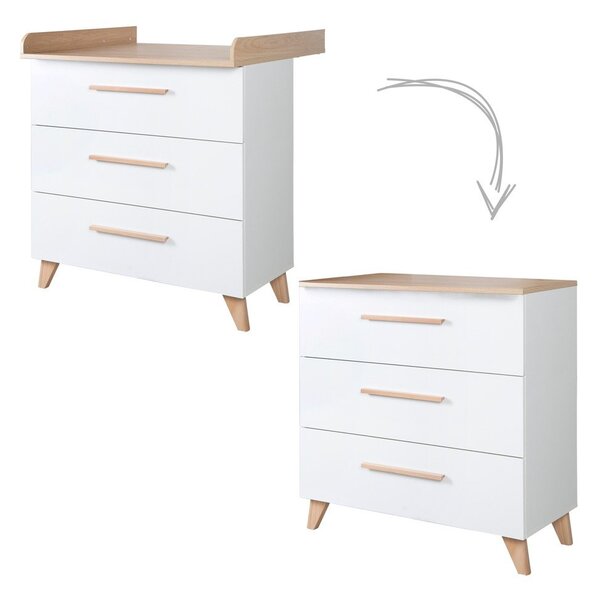Cassettiera per bambini bianca con effetto rovere con fasciatoio 88,5x99x76 cm Léon – Roba