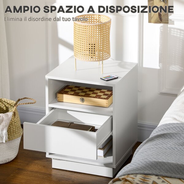 HOMCOM Comodini Moderni con LED, Set 2 Pezzi in Truciolato Bianco con Cassetto e 2 Ripiani Aperti, 40x40x55 cm|Aosom