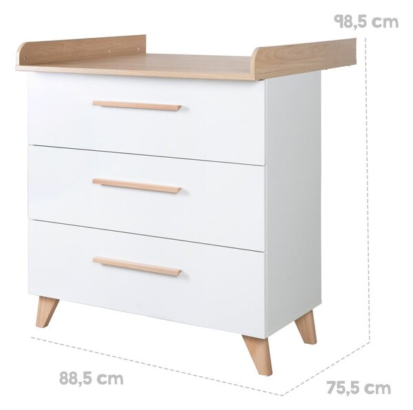 Cassettiera per bambini bianca con effetto rovere con fasciatoio 88,5x99x76 cm Léon – Roba