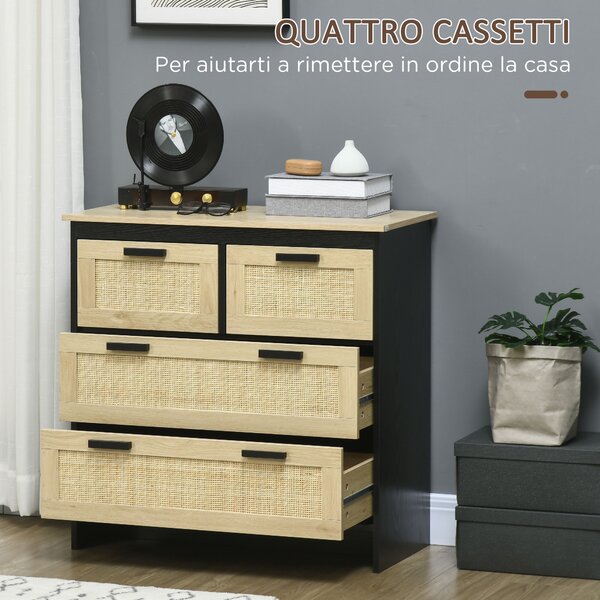 HOMCOM Cassettiera 4 Cassetti in Truciolato e Rattan per Soggiorno e Camera da Letto, 80x38x80 cm | Aosom Italy
