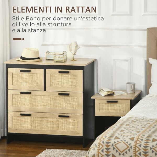 HOMCOM Cassettiera 4 Cassetti in Truciolato e Rattan per Soggiorno e Camera da Letto, 80x38x80 cm | Aosom Italy