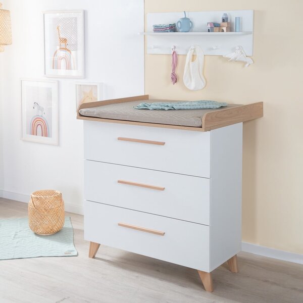 Cassettiera per bambini bianca con effetto rovere con fasciatoio 88,5x99x76 cm Léon – Roba