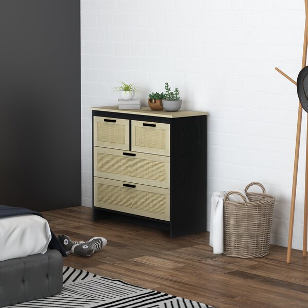 HOMCOM Cassettiera 4 Cassetti in Truciolato e Rattan per Soggiorno e Camera da Letto, 80x38x80 cm | Aosom Italy