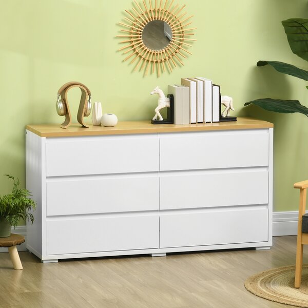 HOMCOM Cassettiera 6 Cassetti Moderna in Truciolato per Camera da Letto e Ingresso, 140x37x75cm, Bianco e Color Legno|Aosom