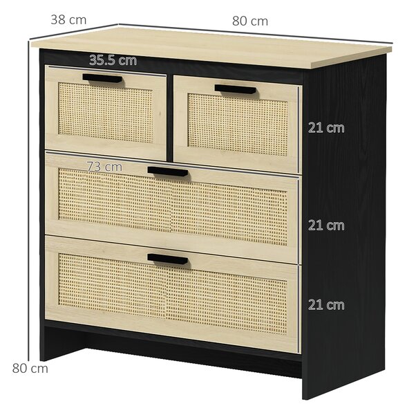 HOMCOM Cassettiera 4 Cassetti in Truciolato e Rattan per Soggiorno e Camera da Letto, 80x38x80 cm | Aosom Italy