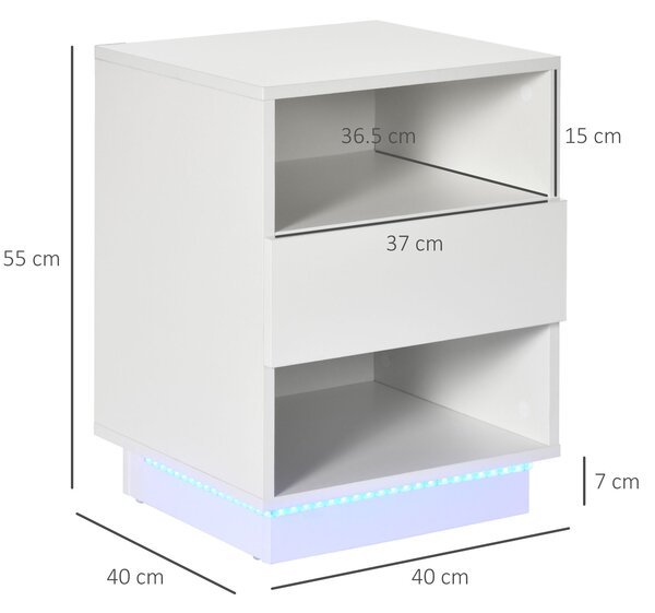 HOMCOM Comodini Moderni con LED, Set 2 Pezzi in Truciolato Bianco con Cassetto e 2 Ripiani Aperti, 40x40x55 cm|Aosom