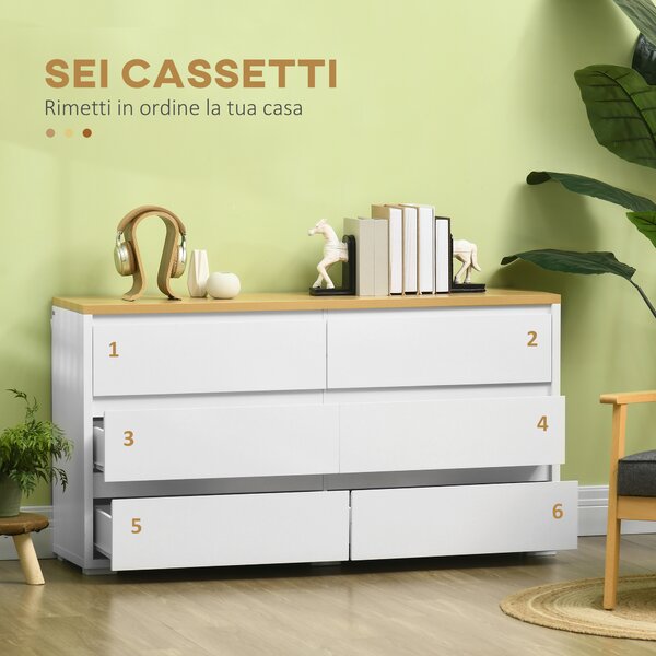HOMCOM Cassettiera 6 Cassetti Moderna in Truciolato per Camera da Letto e Ingresso, 140x37x75cm, Bianco e Color Legno|Aosom