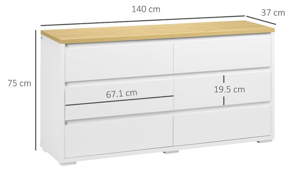 HOMCOM Cassettiera 6 Cassetti Moderna in Truciolato per Camera da Letto e Ingresso, 140x37x75cm, Bianco e Color Legno|Aosom