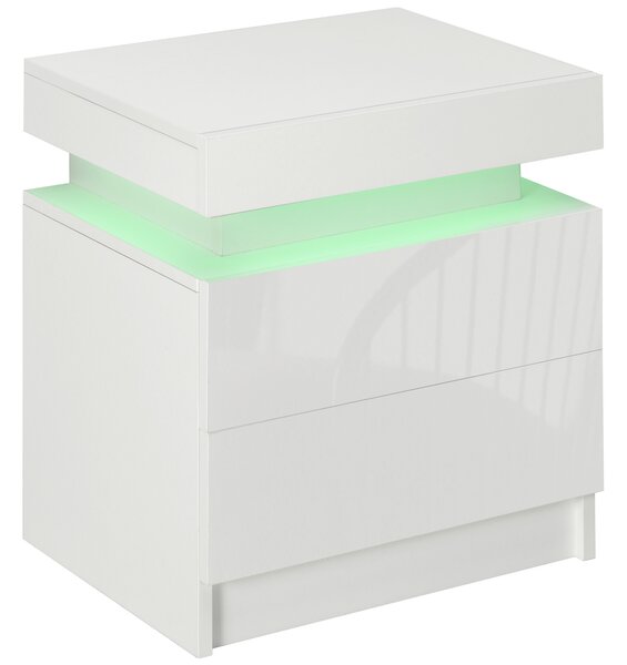 HOMCOM White Bedside Table with LED Light, High Gloss Front Nightstand with 2 Drawers, for Living Room, Bedroom