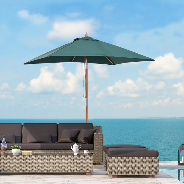 Outsunny Ombrellone da Giardino Inclinabile 2x1.5m, 6 Stecche, Palo in Legno e Apertura a Corda, Verde|Aosom