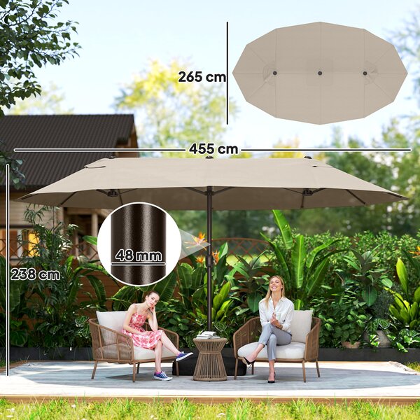 Outsunny Ombrellone da Giardino Doppio 460x270cm, Ombrellone da Esterno con Apertura a Manovella, Base a Croce e Zavorra, Acciaio e Poliestere Khaki