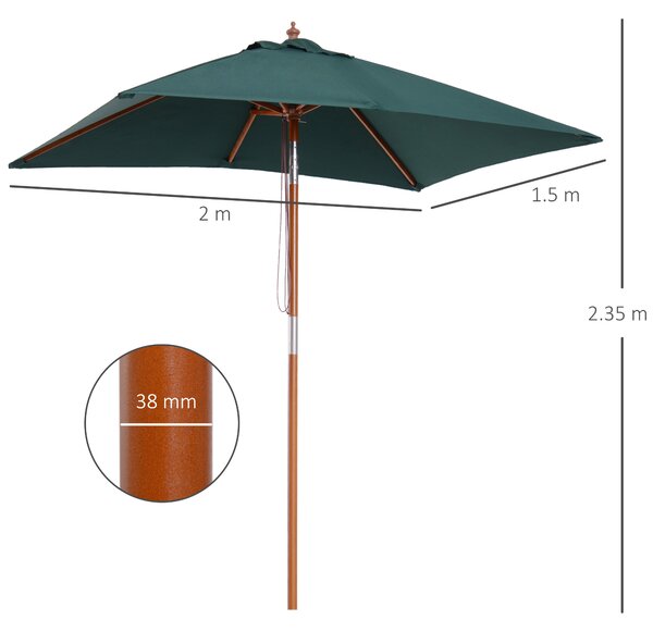 Outsunny Ombrellone da Giardino Inclinabile 2x1.5m, 6 Stecche, Palo in Legno e Apertura a Corda, Verde|Aosom