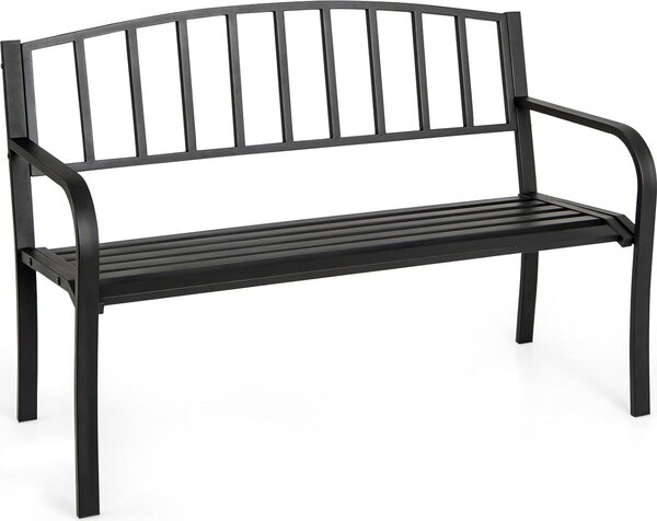Panchina da giardino KOMFOTTEU a 2 posti, panchina da parco con schienale e braccioli, panchina in metallo con portata fino a 300 kg, panchina da esterno per balcone, giardino e terrazza, nera (Modello 2, 127x59x85,5 cm)