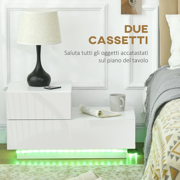 HOMCOM Comodino Moderno con 16 Luci LED RGB, Telecomando e Due Cassetti in Truciolato, 70x37x38cm, Bianco | Aosom Italy