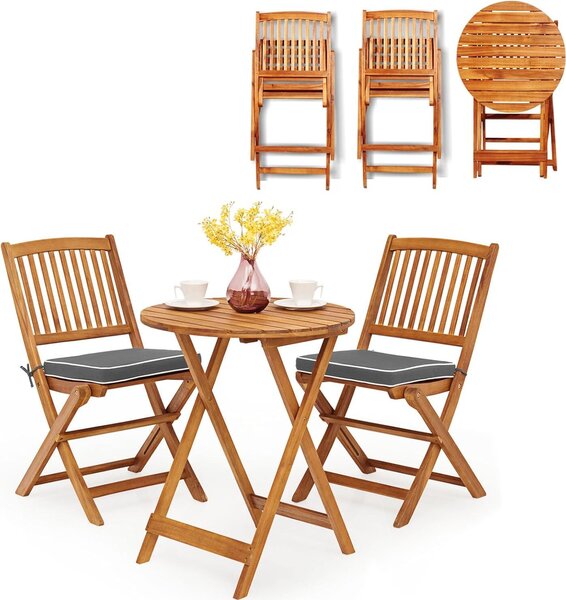 KOMFOTTEU 3 pezzi. Set da balcone pieghevole, set di mobili da balcone in legno di acacia, set di mobili da giardino con 1 tavolo pieghevole e 2 sedie pieghevoli, set da bistrot con cuscini, set da salotto per balcone e giardino (cuscini grigi)