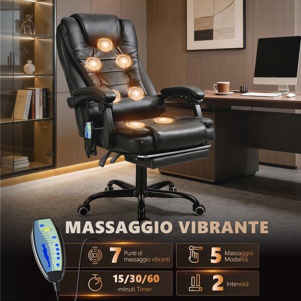 Vinsetto Poltrona da Ufficio con 7Punti Massaggianti e Poggiapiedi, ergonomica e regolabile, in PU e Acciaio, 67x67x111-121cm, Nero | Aosom Italy