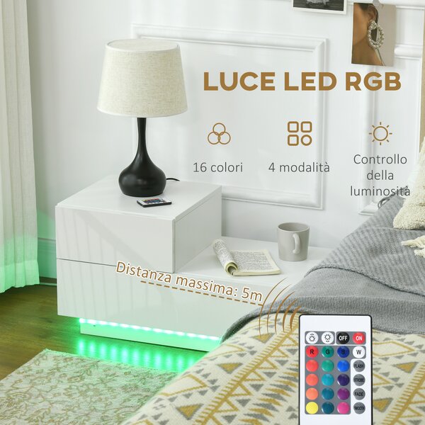 HOMCOM Comodino Moderno con 16 Luci LED RGB, Telecomando e Due Cassetti in Truciolato, 70x37x38cm, Bianco | Aosom Italy