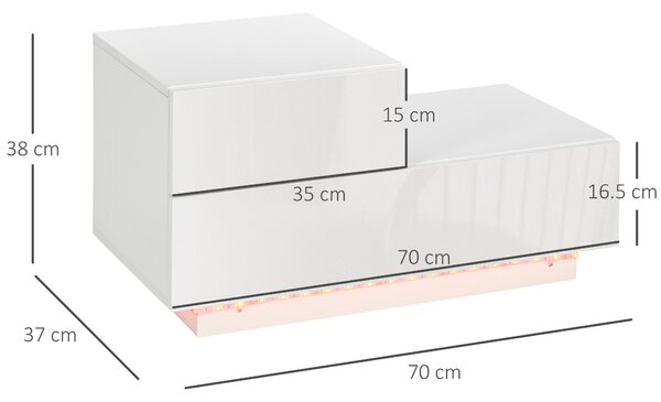 HOMCOM Comodino Moderno con 16 Luci LED RGB, Telecomando e Due Cassetti in Truciolato, 70x37x38cm, Bianco | Aosom Italy
