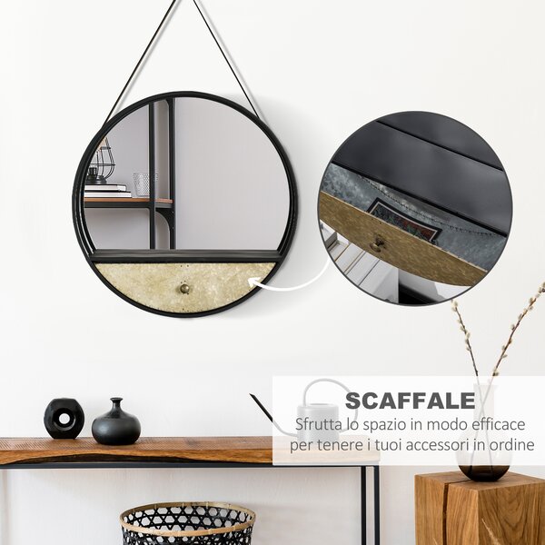 HOMCOM Specchio da Parete Rotondo da Ø61cm con Cassetto e Cornice in Metallo Nero|Aosom