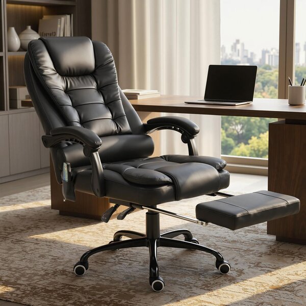 Vinsetto Poltrona da Ufficio con 7Punti Massaggianti e Poggiapiedi, ergonomica e regolabile, in PU e Acciaio, 67x67x111-121cm, Nero | Aosom Italy