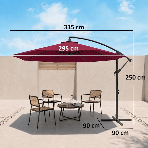 Outsunny Ombrellone da Giardino Decentrato Φ2.95m con Struttura in Metallo, 8 Braccia, Manovella, Base a Croce, Rosso Scuro | Aosom