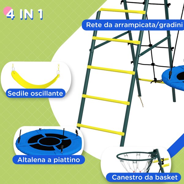 Outsunny Set Altalene da Giardino Rotonda e Classica, Scalette in Acciaio e Corda e Canestro per Bambini 3-8 Anni|Aosom