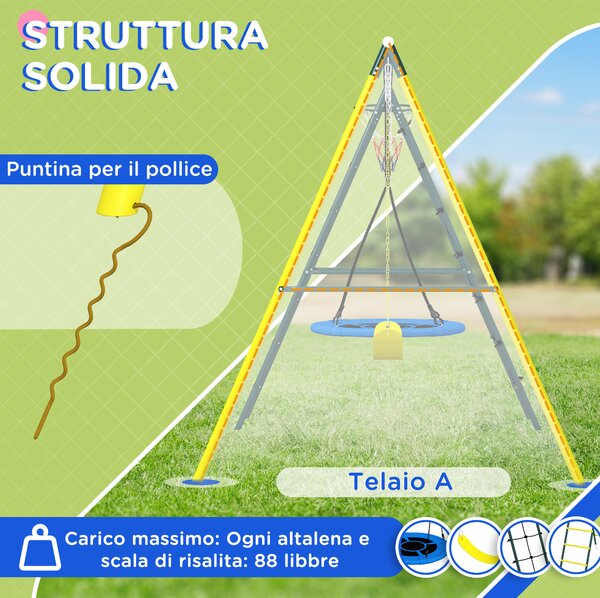 Outsunny Set Altalene da Giardino Rotonda e Classica, Scalette in Acciaio e Corda e Canestro per Bambini 3-8 Anni|Aosom