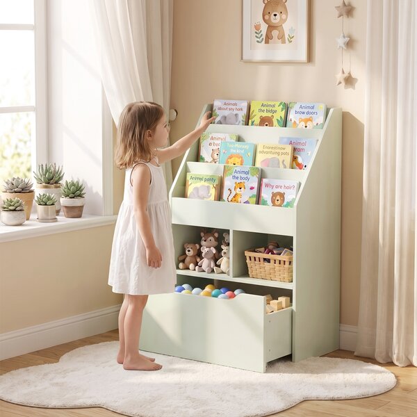 HOMCOM Piccola Libreria per Bambini con Ripiani e Cassetto in MDF, 60x29.9x90cm, Verde