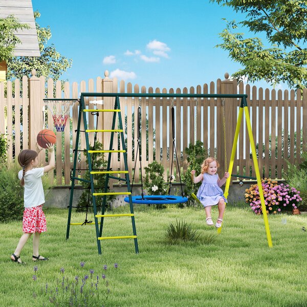 Outsunny Set Altalene da Giardino Rotonda e Classica, Scalette in Acciaio e Corda e Canestro per Bambini 3-8 Anni|Aosom